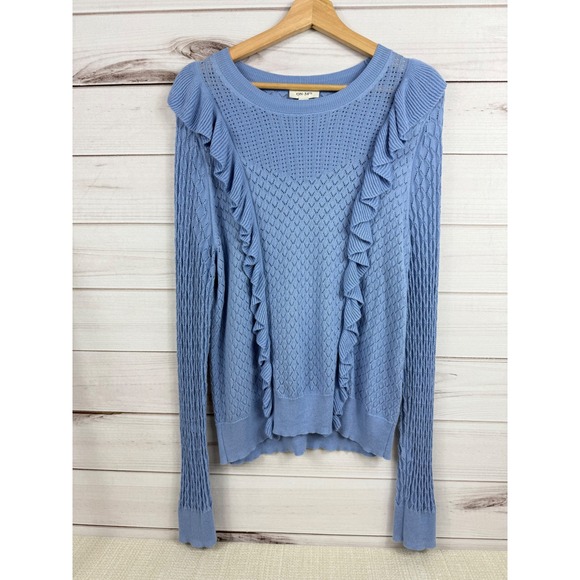 ON 34th Women's Blue Ruffle Trim Knit Sweater Long Sleeve Size L - Picture 1 of 8